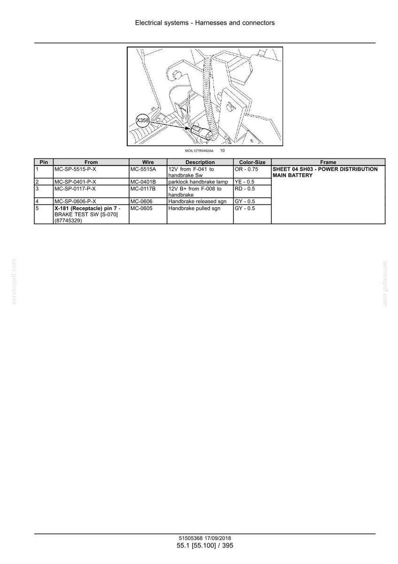 May include: Diagram of electrical systems, harnesses, and connectors. Includes a detailed illustration of wiring and components, along with a table listing pin numbers, wire details, and descriptions. The text includes "Electrical systems - Harnesses and connectors".