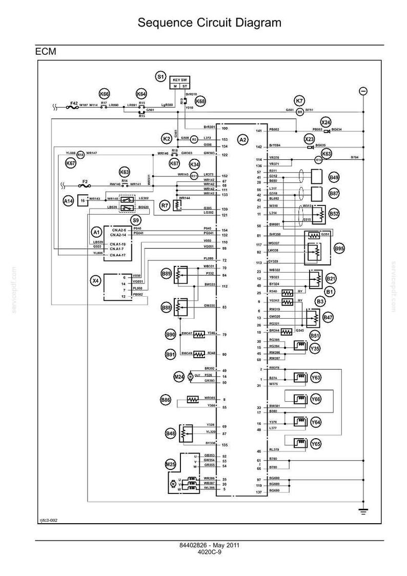 Puede incluir: Un diagrama esquem&aacute;tico el&eacute;ctrico detallado etiquetado como "Sequence Circuit Diagram" con la abreviatura "ECM" en la parte superior. El diagrama presenta numerosos s&iacute;mbolos, l&iacute;neas y etiquetas, incluyendo "K66", "K67" y "A14". El diagrama es complejo y t&eacute;cnico.