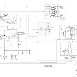 May include: A detailed engineering schematic of a tractor's hydraulic system, featuring interconnected lines, symbols, and components. The diagram includes text labels and a legend, illustrating the tractor's steering and power transmission.