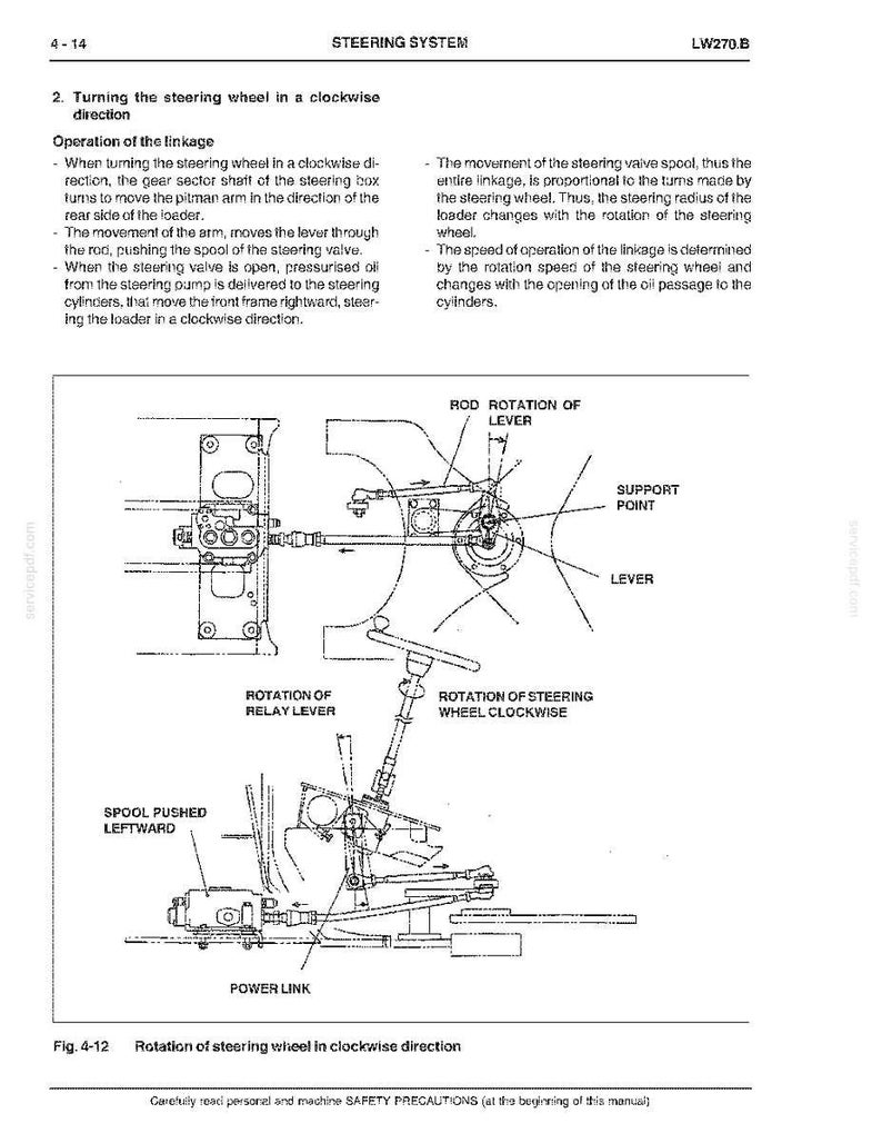 May include: Diagram of a steering system, illustrating the rotation of the steering wheel in a clockwise direction. The diagram includes labels for the steering wheel, lever, and other components, with arrows indicating the direction of movement. The text includes safety precautions.
