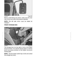 May include: A page from an equipment manual showing diagrams of vehicle components. The top image displays a rear view mirror, while the bottom image shows a front storage box. Text provides instructions and details about the parts.