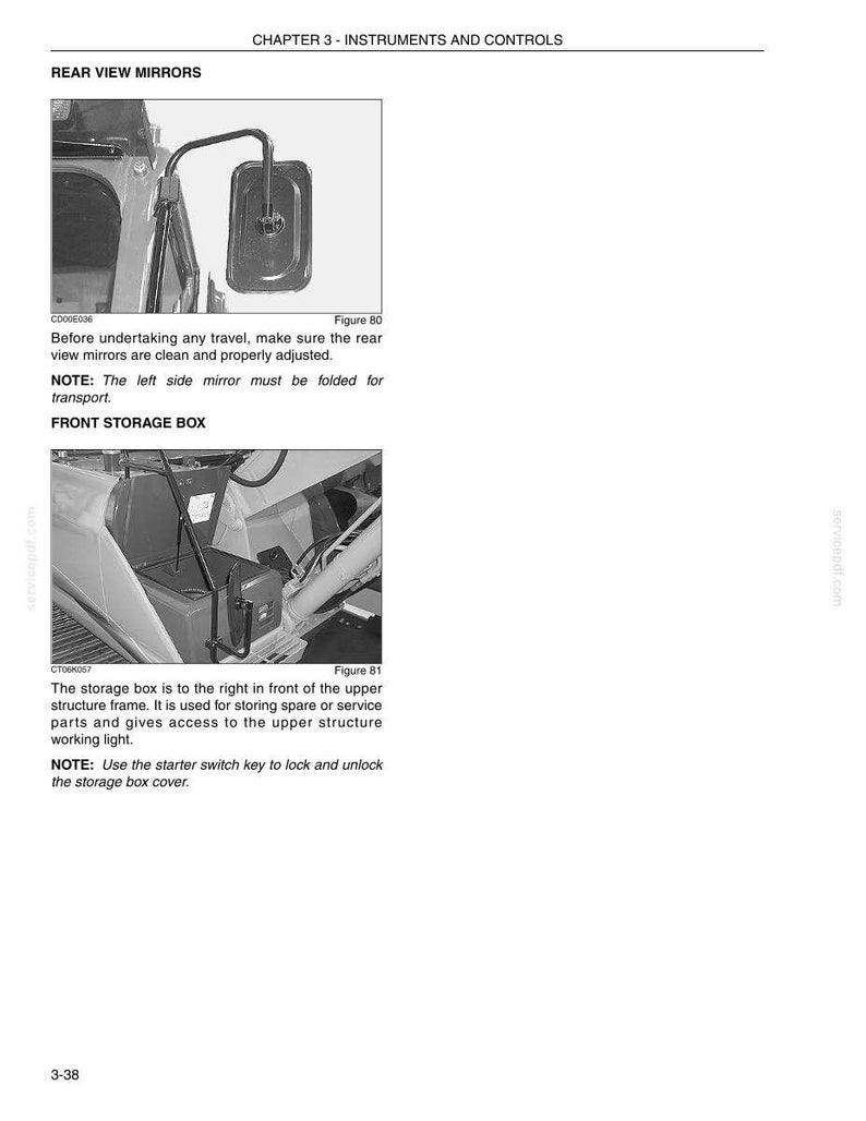 May include: A page from an equipment manual showing diagrams of vehicle components. The top image displays a rear view mirror, while the bottom image shows a front storage box. Text provides instructions and details about the parts.