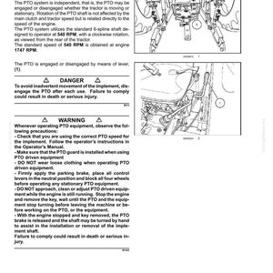 May include: Diagram of a tractor's rear PTO mechanical system, showing the splined shaft and lever. Includes warnings about safety and operation, with text in black and white.