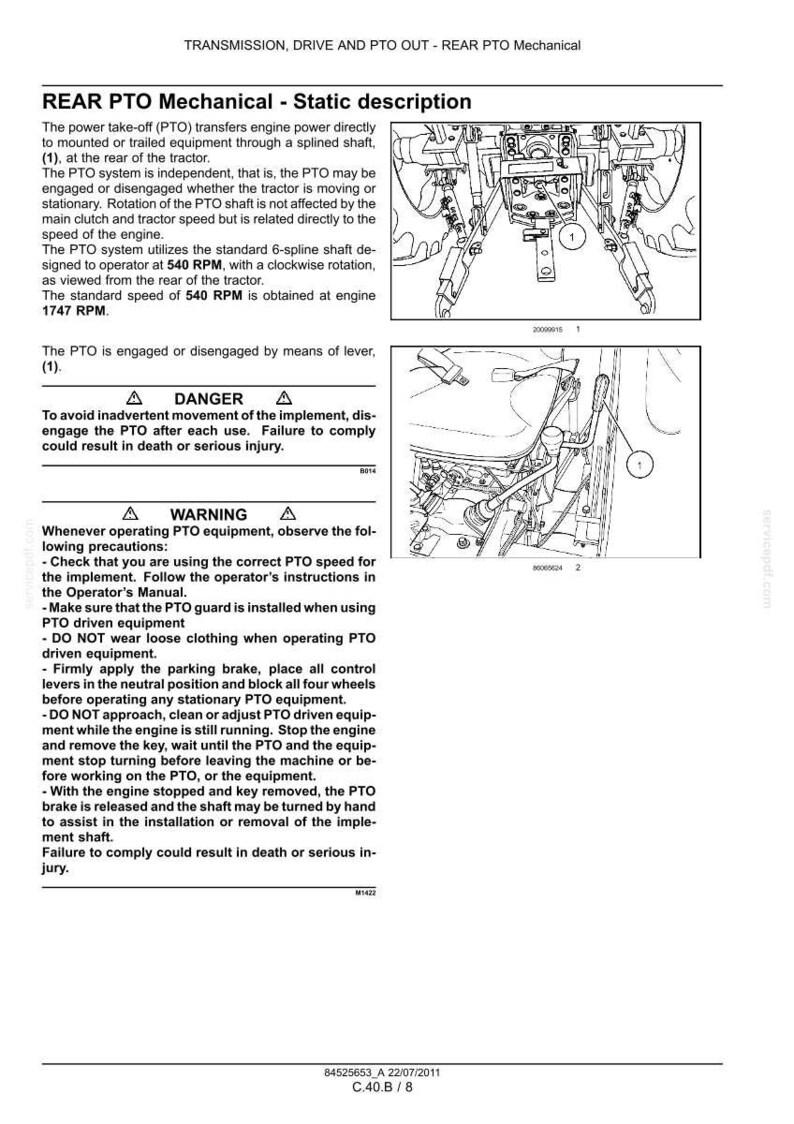 May include: Diagram of a tractor's rear PTO mechanical system, showing the splined shaft and lever. Includes warnings about safety and operation, with text in black and white.