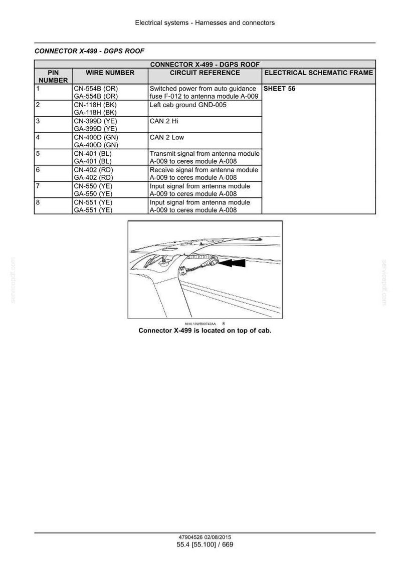 May include: Diagram of electrical systems, harnesses, and connectors, specifically Connector X-499 for the DGPS roof. Includes pin numbers, wire numbers, and circuit references. The connector is located on top of the cab.