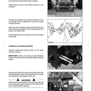 May include: Diagrams and instructions for field operation, including hydraulic locking, with close-up images of machinery components. The text details steps for attaching and locking equipment, with warnings about safety procedures.