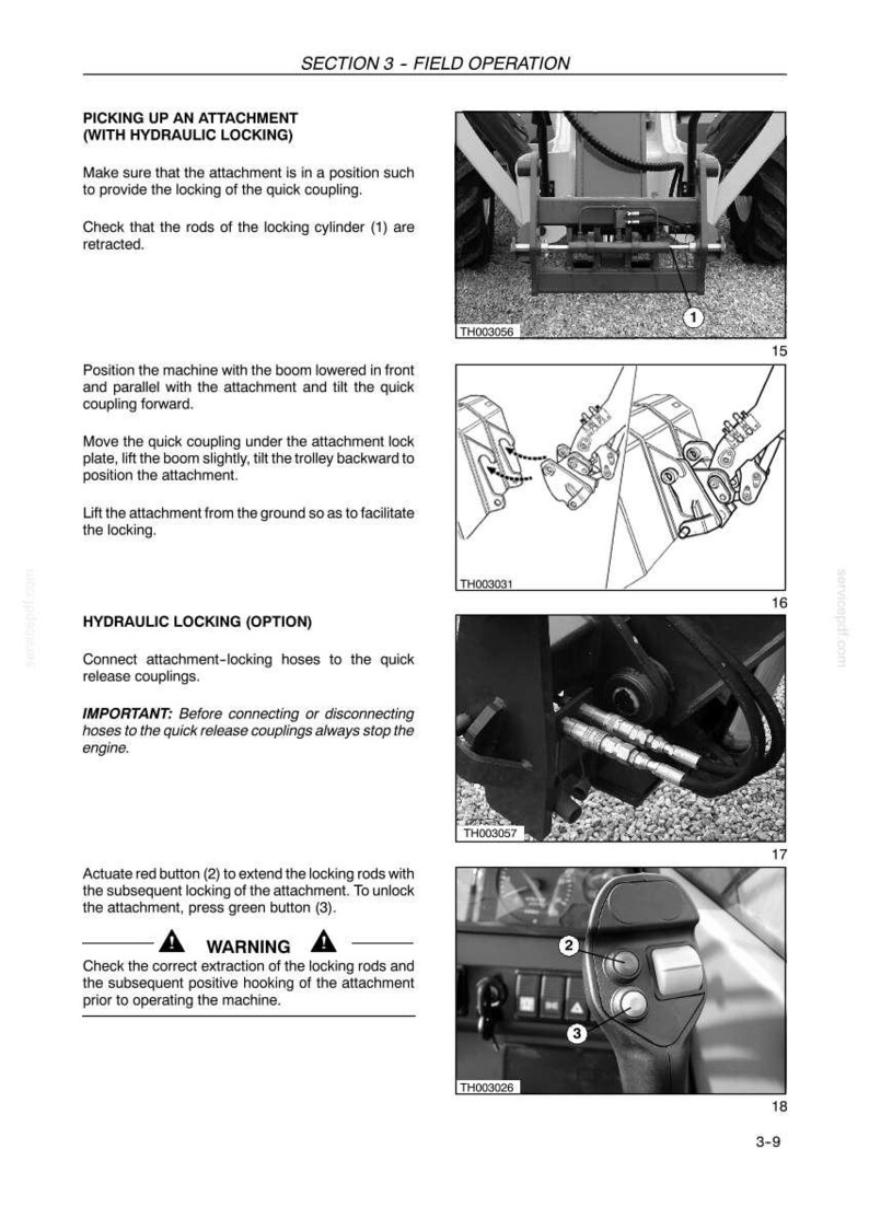 May include: Diagrams and instructions for field operation, including hydraulic locking, with close-up images of machinery components. The text details steps for attaching and locking equipment, with warnings about safety procedures.