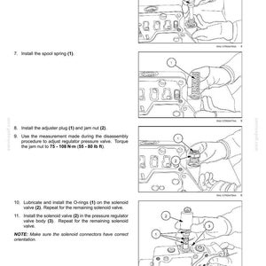 Op de afbeelding: Diagram van hydraulische systemen pompregelkleppen, met genummerde stappen en illustraties. Bevat instructies voor het installeren van regelklepspoel, veerspoel, afstelschroef, borgmoer, O-ringen en magneetventiel.