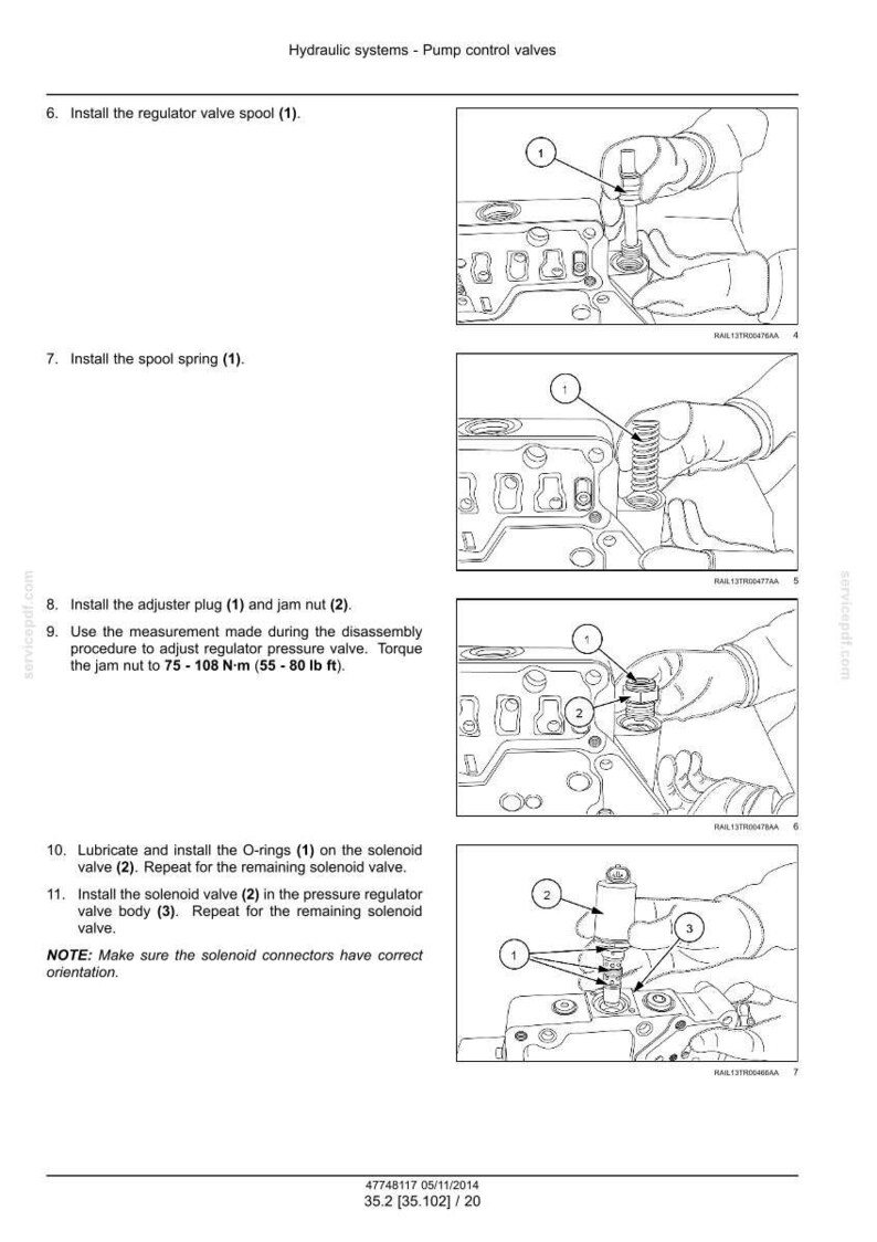 Op de afbeelding: Diagram van hydraulische systemen pompregelkleppen, met genummerde stappen en illustraties. Bevat instructies voor het installeren van regelklepspoel, veerspoel, afstelschroef, borgmoer, O-ringen en magneetventiel.