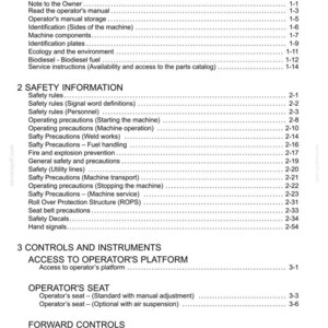 May include: A detailed table of contents from a manual, with sections on general and safety information, controls, and instruments. The text is black on a white background, with page numbers on the right.