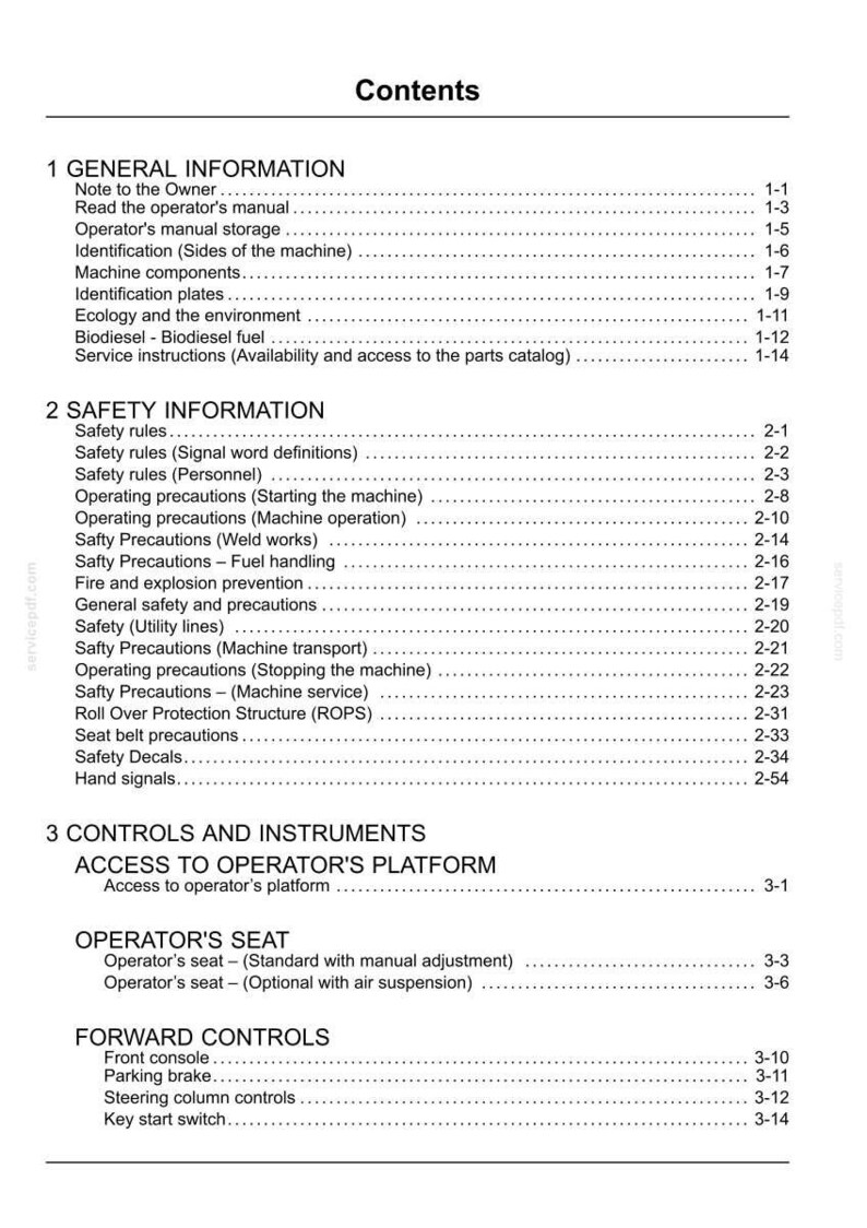 May include: A detailed table of contents from a manual, with sections on general and safety information, controls, and instruments. The text is black on a white background, with page numbers on the right.