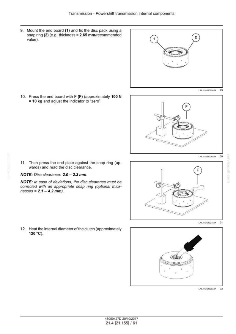 May include: Diagram of transmission components with labels and measurements. Includes a snap ring with a thickness of 2.65 mm, and a disc clearance of 2.0-2.3 mm. The image also shows the application of force (100 N) and heating to 120&deg;C.