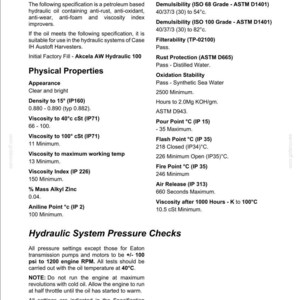 May include: A page from a manual detailing hydraulic oil specifications. The text includes physical properties like density, viscosity, and aniline point, along with demulsibility, filterability, and rust protection data. The document also covers pressure checks.
