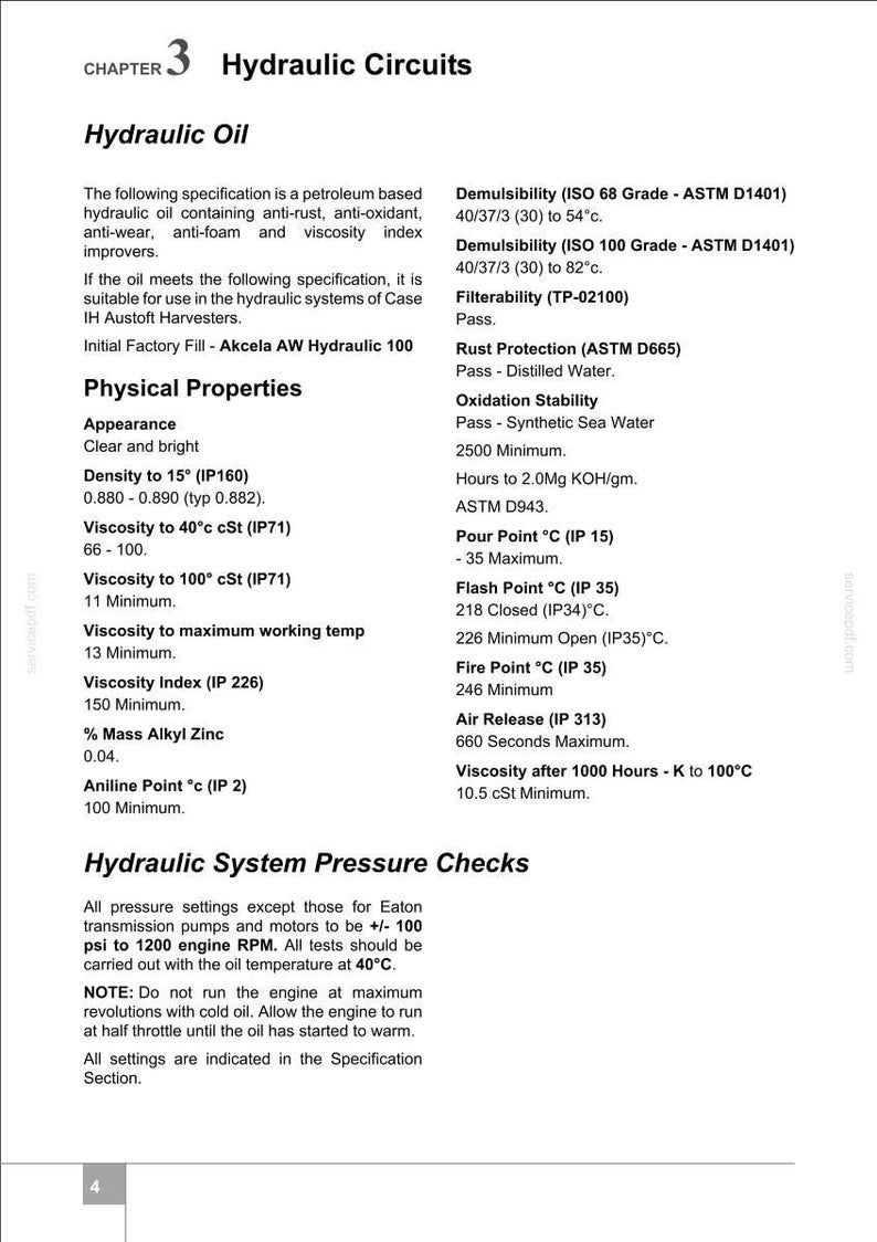 May include: A page from a manual detailing hydraulic oil specifications. The text includes physical properties like density, viscosity, and aniline point, along with demulsibility, filterability, and rust protection data. The document also covers pressure checks.