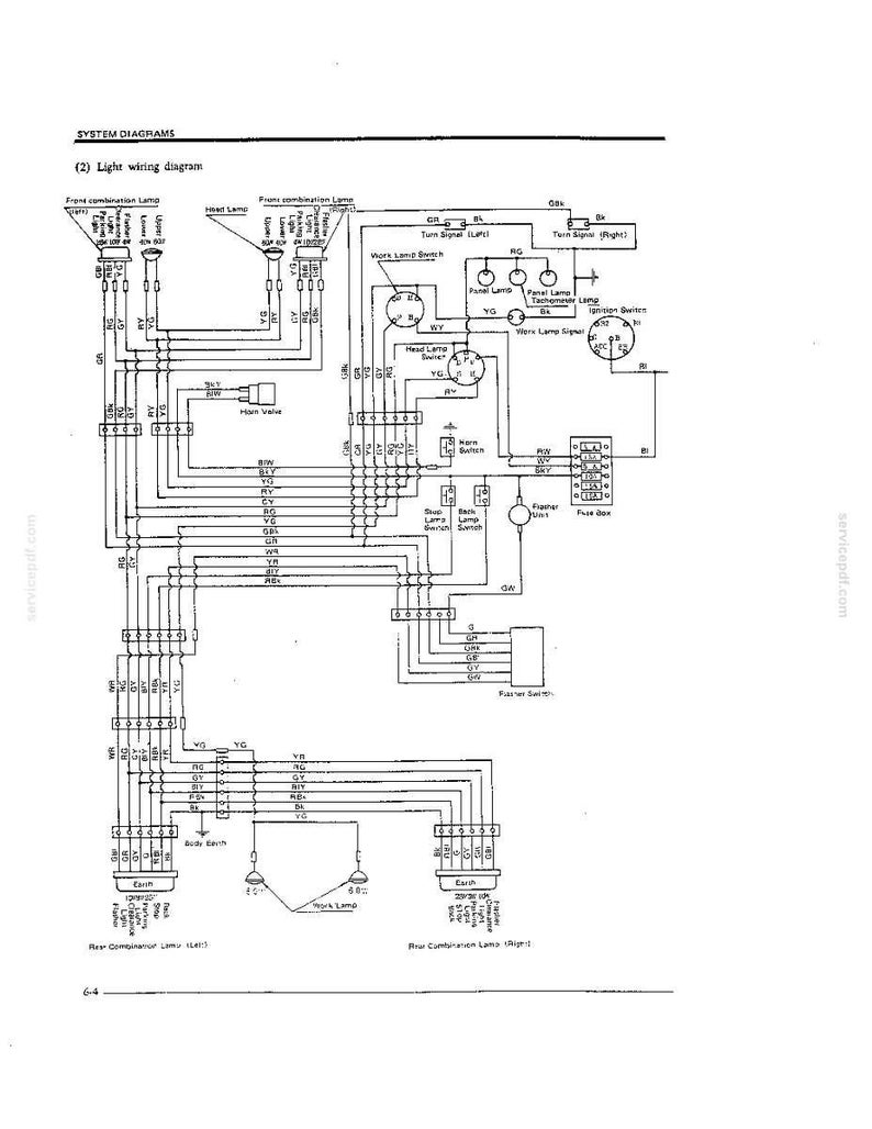 May include: A technical black and white light wiring diagram for a vehicle, labeled SYSTEM DIAGRAMS and (2) Light wiring diagram. It displays electrical connections for front and rear combination lamps, headlamps, switches, and a fuse box.