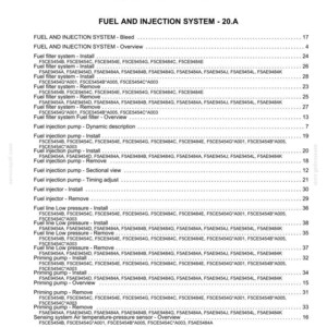 May include: Index page from a manual, titled "ENGINE AND PTO IN - B" and "FUEL AND INJECTION SYSTEM - 20.A". The document lists various fuel system topics, including installation, removal, and overviews, with corresponding page numbers.