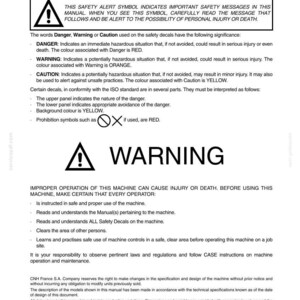 May include: A safety manual page with a warning symbol and the word "WARNING" in bold. The text explains safety alerts, including "Danger," "Warning," and "Caution," with associated colors. It also details operator safety instructions.
