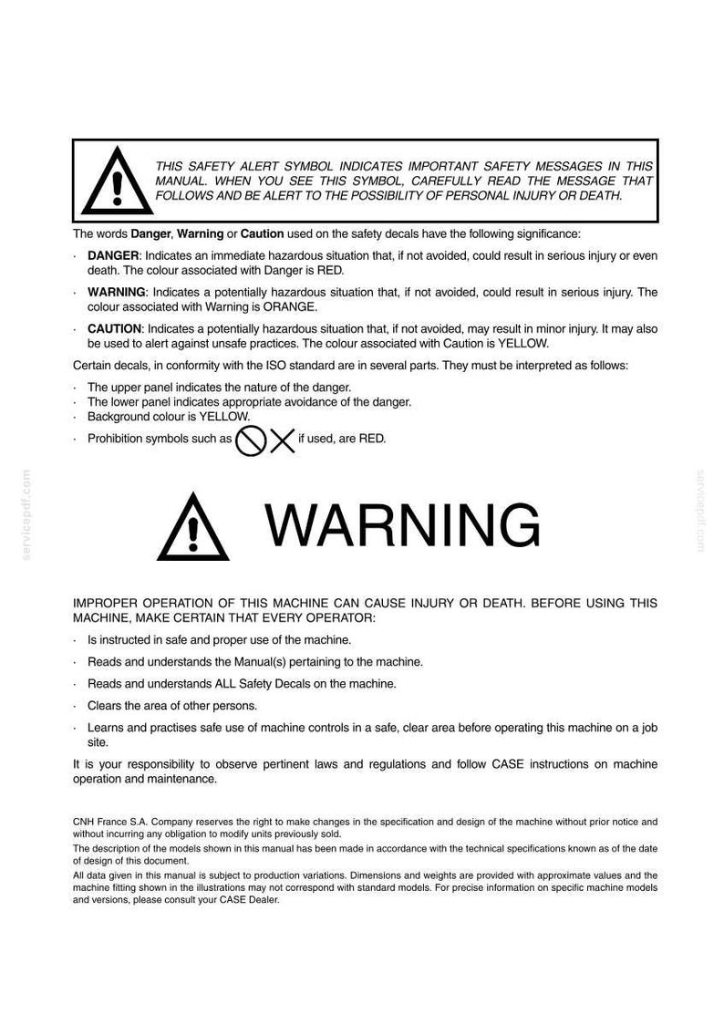 May include: A safety manual page with a warning symbol and the word "WARNING" in bold. The text explains safety alerts, including "Danger," "Warning," and "Caution," with associated colors. It also details operator safety instructions.