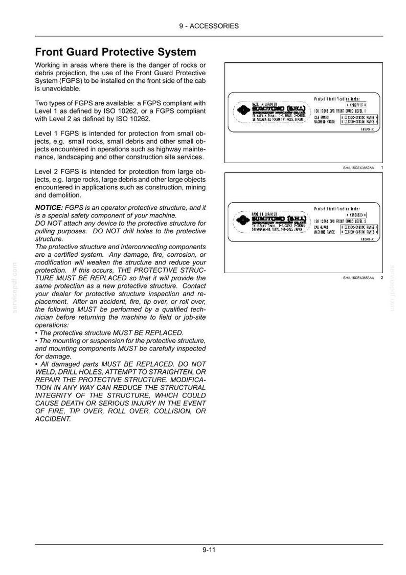 May include: A page from a manual detailing the Front Guard Protective System (FGPS) for machinery. Includes text, diagrams, and safety notices. The FGPS is designed to protect against rocks and debris.