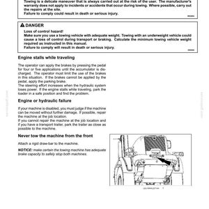 Op de afbeelding: Een pagina uit een technisch handboek getiteld 5 - TRANSPORT OPERATIONS, met procedures voor het verplaatsen van een defecte machine. Het bevat waarschuwings- en gevarenteksten, instructies bij motorstoringen en een lijntekening.