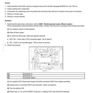 K&ouml;nnte beinhalten: Eine technische Dokumentenseite mit dem Titel Electrical systems - FAULT CODES 3178-Timeout of CAN Message BC2EDC1. Sie enth&auml;lt Ursachen, L&ouml;sungen und ein Diagramm von Motorkomponenten, die mit 1, 2 und 3 f&uuml;r Connector C, A und EDC7 markiert sind.