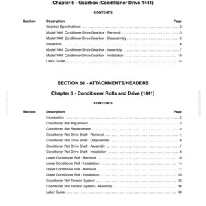 May include: A technical document page titled SECTION 58 - ATTACHMENTS/HEADERS, listing contents for Chapter 5 Gearbox Conditioner Drive 1441 and Chapter 6 Conditioner Rolls and Drive 1441, including sections for removal, assembly, and installation.