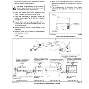 May include: Technical diagram with instructions for installing an arm, including diagrams of dust seal installation and sectional views of installing a pin. Includes measurements in inches and millimeters, and text instructions.