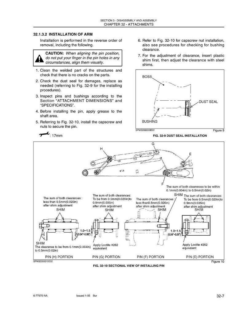 May include: Technical diagram with instructions for installing an arm, including diagrams of dust seal installation and sectional views of installing a pin. Includes measurements in inches and millimeters, and text instructions.
