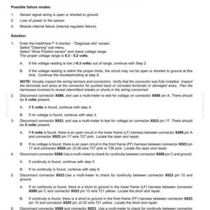 Puede incluir: Un documento t&eacute;cnico titulado Distribution Systems - Fault Codes E0032-05-Shoe Position Sensor Line Disconnected. Enumera causas, modos de fallo y pasos detallados de resoluci&oacute;n de problemas con rangos de voltaje de 0,3 a 5,2 voltios.