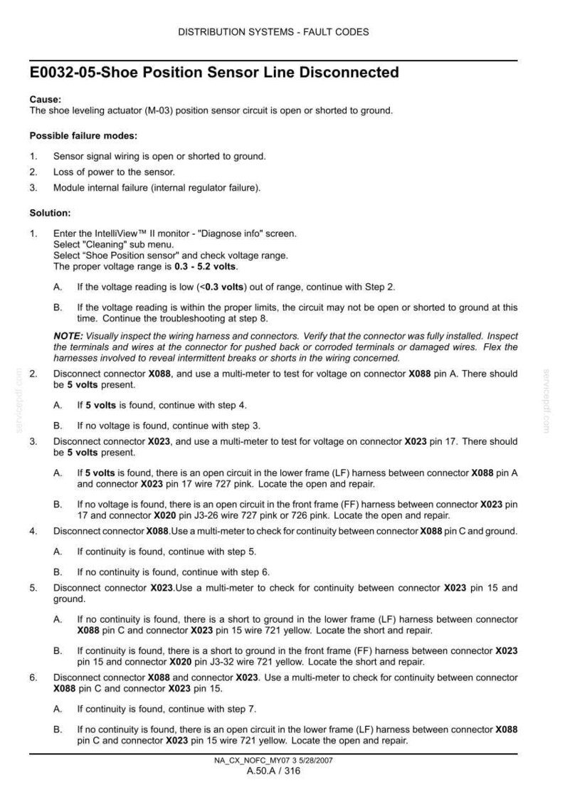 Puede incluir: Un documento t&eacute;cnico titulado Distribution Systems - Fault Codes E0032-05-Shoe Position Sensor Line Disconnected. Enumera causas, modos de fallo y pasos detallados de resoluci&oacute;n de problemas con rangos de voltaje de 0,3 a 5,2 voltios.