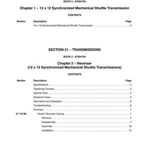 May include: A page from a manual titled "SECTION 21 - TRANSMISSIONS" with the text "BOOK 2 - 87054729". The chapter titles include "12 x 12 Synchronized Mechanical Shuttle Transmission" and "Reverser". The contents are listed with page numbers.