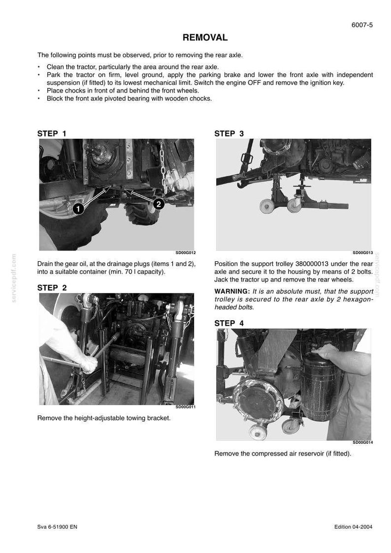 May include: A technical diagram detailing the removal of a tractor's rear axle. The image shows step-by-step instructions with close-up views of the tractor's components, including drainage plugs, towing bracket, and air reservoir. Text instructions accompany each step.