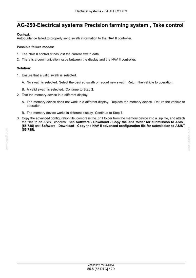 May include: A white document with black text detailing electrical system fault codes for the AG-250 Precision farming system. The document includes context, possible failure modes, and solutions for troubleshooting.