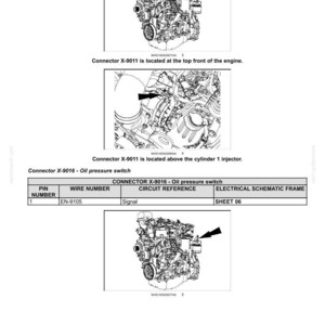 May include: Diagram of an engine with annotations for electrical systems, harnesses, and connectors. Includes close-ups of engine components with labels for connectors X-9011 and X-9016, and a table with wire number and circuit reference.