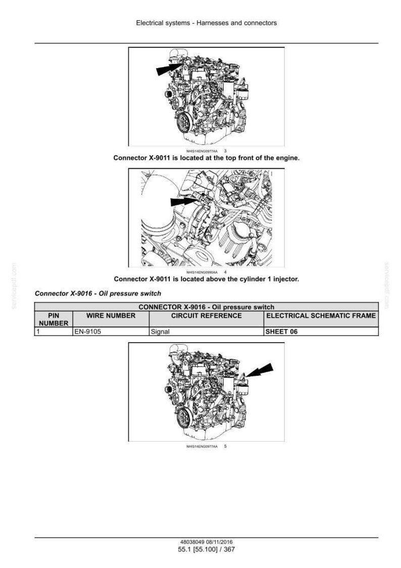 May include: Diagram of an engine with annotations for electrical systems, harnesses, and connectors. Includes close-ups of engine components with labels for connectors X-9011 and X-9016, and a table with wire number and circuit reference.