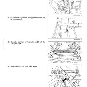 May include: Diagrams illustrating the assembly and adjustment of a net wrapper mechanism. The images show detailed views of components like the counter bar, cutting blade, and bolts, with numbered labels for each part. Text instructions accompany the diagrams.