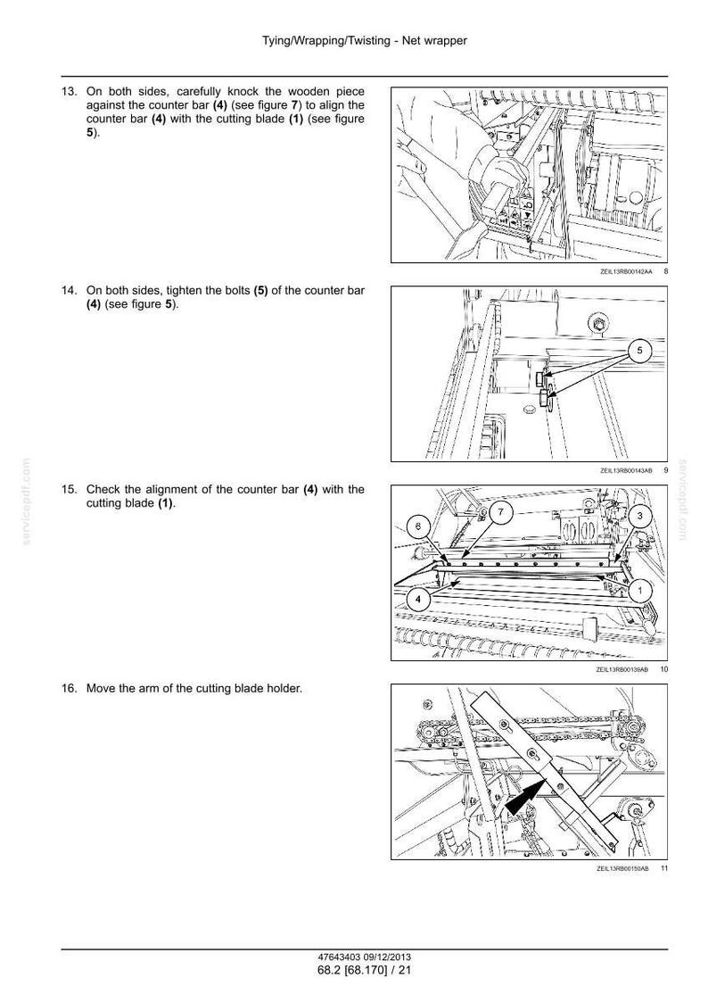 May include: Diagrams illustrating the assembly and adjustment of a net wrapper mechanism. The images show detailed views of components like the counter bar, cutting blade, and bolts, with numbered labels for each part. Text instructions accompany the diagrams.