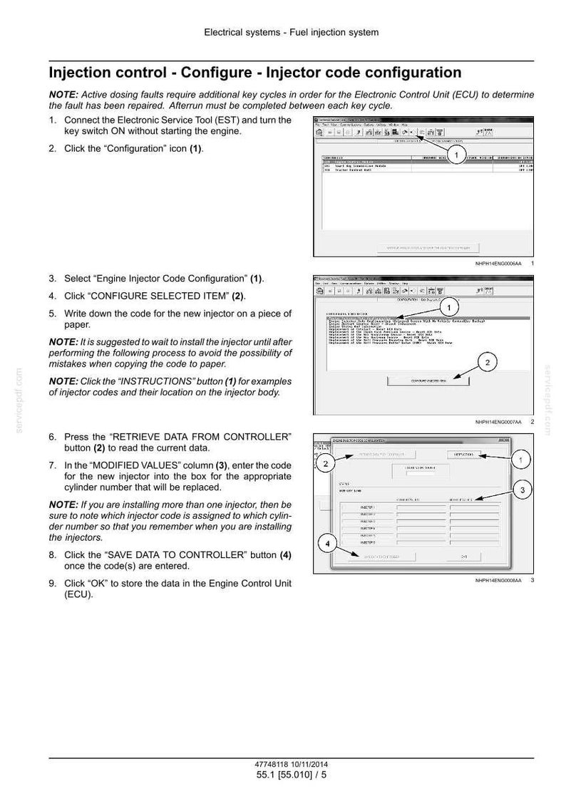 May include: A technical document detailing injector code configuration for fuel injection systems. The document includes instructions, screenshots, and numbered steps for configuring the system. The document is dated 10/11/2014.