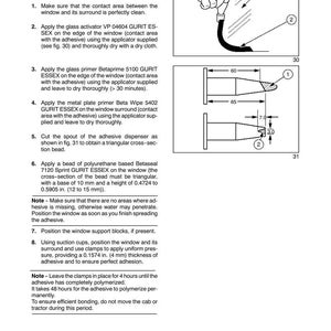 May include: Diagrams and instructions for re-fitting a window, including applying adhesive and primers. Includes measurements in inches and millimeters for the adhesive bead and thickness. Text includes steps and notes for the process.