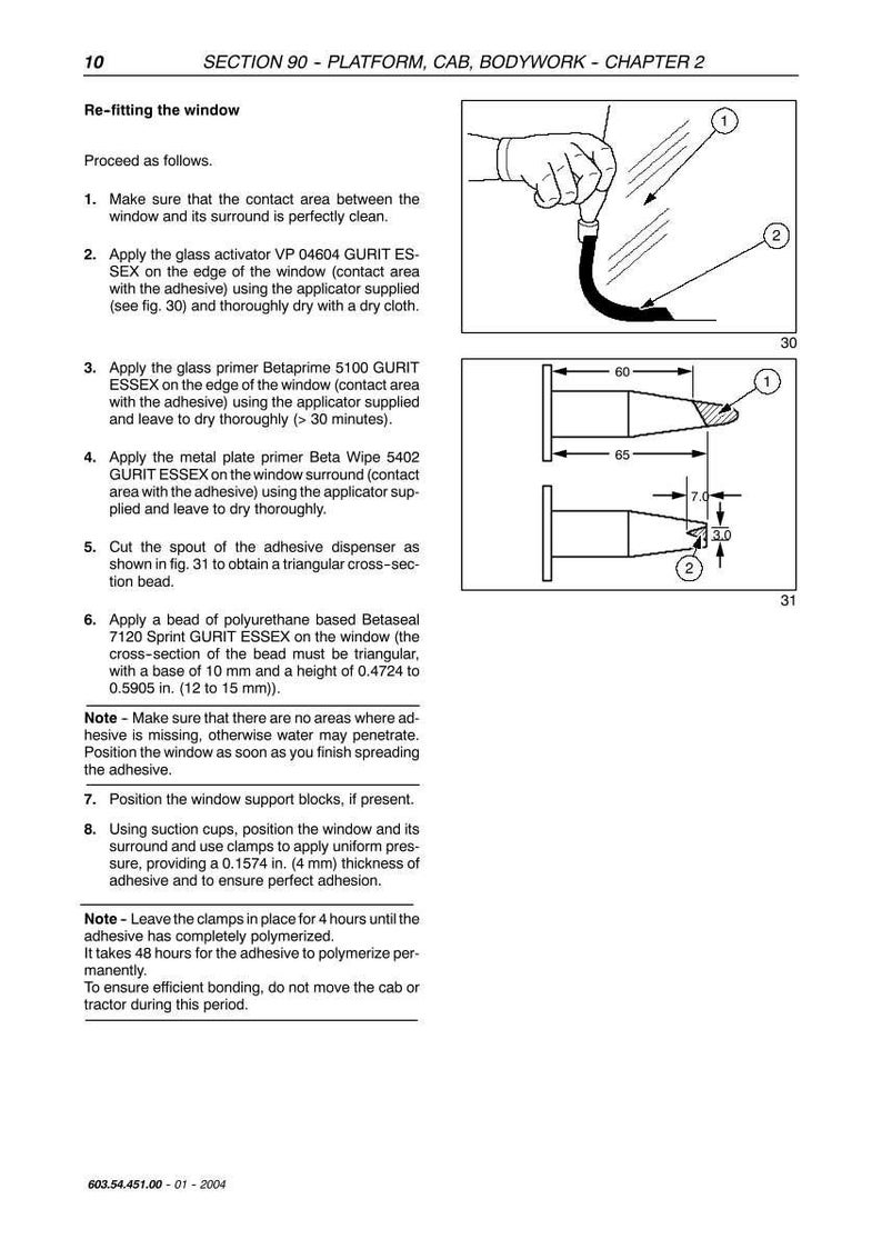 May include: Diagrams and instructions for re-fitting a window, including applying adhesive and primers. Includes measurements in inches and millimeters for the adhesive bead and thickness. Text includes steps and notes for the process.