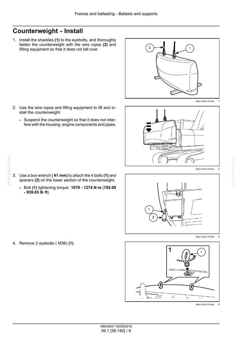 K&ouml;nnte beinhalten: Diagramm zur Installation eines Gegengewichts, das die Befestigung von Sch&auml;keln, Drahtseilen und Bolzen detailliert. Das Diagramm zeigt auch das Entfernen von Augenschrauben. Die Ma&szlig;e sind in mm und lb ft angegeben.