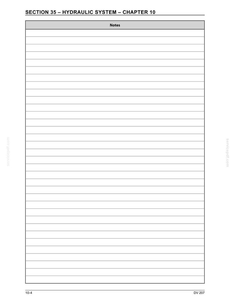May include: A white page with horizontal lines for notes, with the text "SECTION 35 - HYDRAULIC SYSTEM - CHAPTER 10" at the top. The word "Notes" is in a box at the top. The page is labeled "10-4" and "DV 207" at the bottom.