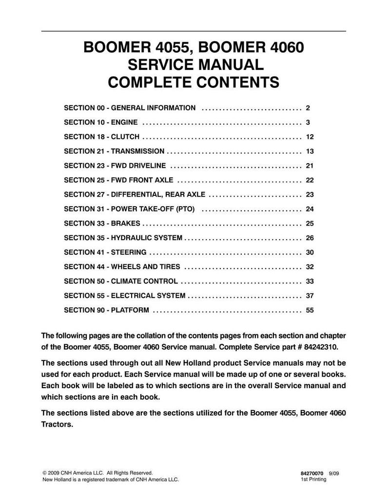 May include: A white document titled BOOMER 4055, BOOMER 4060 SERVICE MANUAL COMPLETE CONTENTS. It lists sections from 00 to 90, including engine, clutch, transmission, and hydraulic system. The text includes part number 84242310 and copyright information.