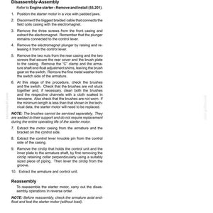May include: A page from a manual detailing the disassembly and reassembly of an engine starter motor. The text includes instructions, diagrams, and safety notes for automotive repair.