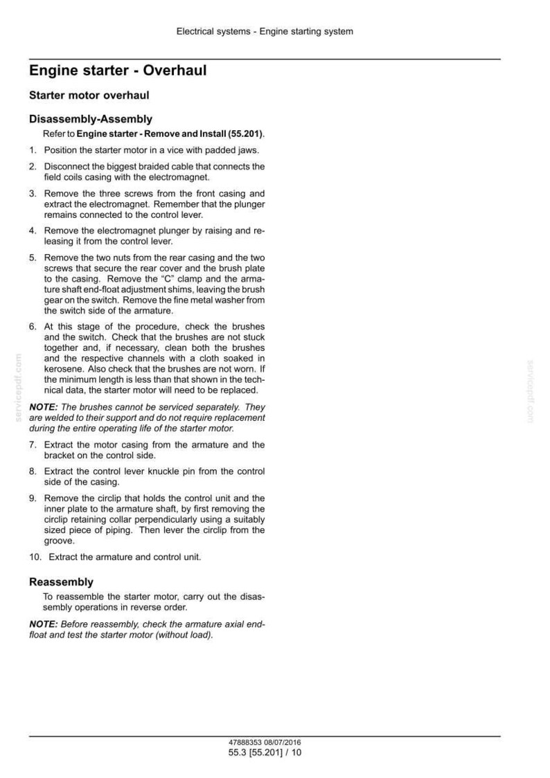 May include: A page from a manual detailing the disassembly and reassembly of an engine starter motor. The text includes instructions, diagrams, and safety notes for automotive repair.