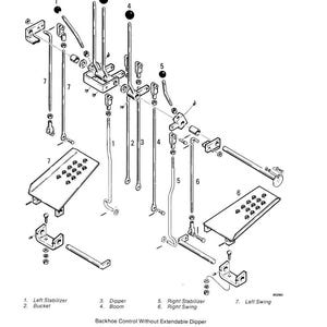 May include: An exploded diagram of backhoe control components, labeled with numbers and names. Includes stabilizers, bucket, dipper, boom, and swing parts. The text "Backhoe Control Without Extendable Dipper" is also present.