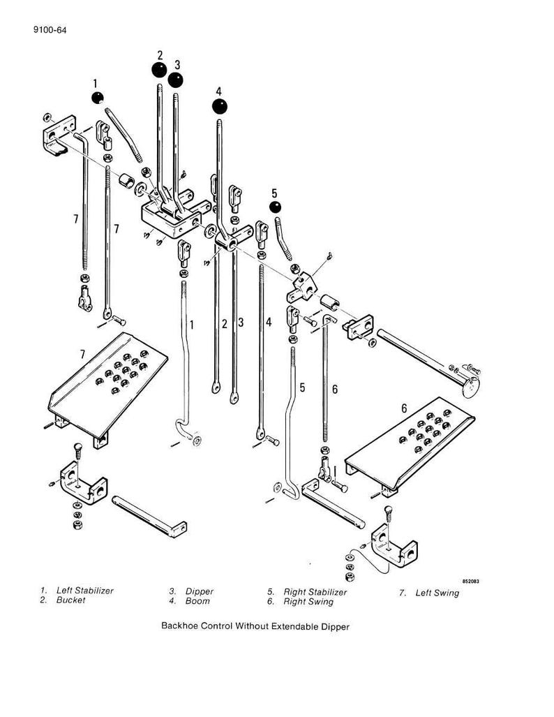 May include: An exploded diagram of backhoe control components, labeled with numbers and names. Includes stabilizers, bucket, dipper, boom, and swing parts. The text "Backhoe Control Without Extendable Dipper" is also present.