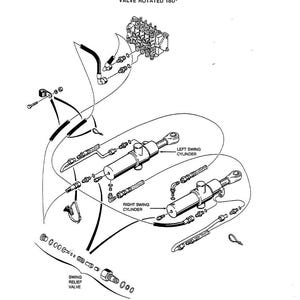 May include: An engineering diagram of a swing cylinder hydraulic installation. The black and white illustration shows various mechanical components, including cylinders, valves, and connecting lines. Text includes "VALVE ROTATED 180&deg;" and "Swing Cylinder Hydraulic Installation."
