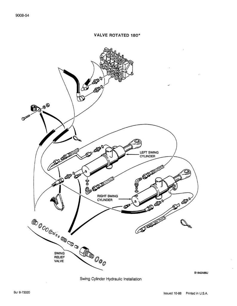 May include: An engineering diagram of a swing cylinder hydraulic installation. The black and white illustration shows various mechanical components, including cylinders, valves, and connecting lines. Text includes "VALVE ROTATED 180&deg;" and "Swing Cylinder Hydraulic Installation."