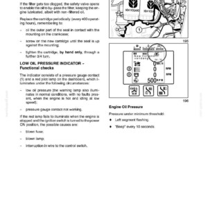 May include: Page from an engine repair manual with diagrams and text. Includes instructions for oil filter replacement and low oil pressure indicator checks. Features a dashboard display and engine components.